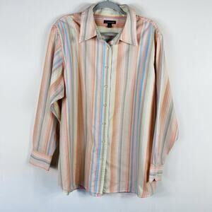 Lands End Button Shirt Women's 2X Striped Long Sleeve Top Cotton Blend Pink